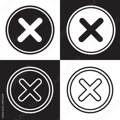 Close vector icon. Delete icon vector. cross sign. Wrong sign. Reject icon. Cancel icon. Cross. Prohibition sign. Alert sign.  Isolated on black and white background. Vector Illustration. EPS 10
