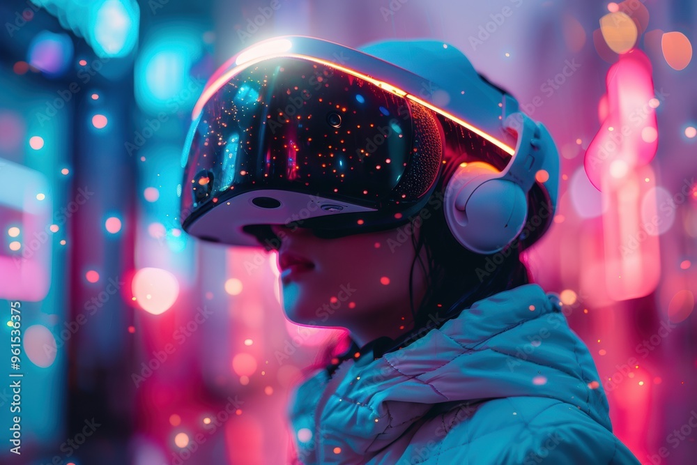Exploring new worlds with a futuristic reality headset in an urban neon landscape Exploring new worlds with a futuristic reality headset in an urban neon landscape