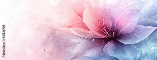 1. A soft abstract background featuring a delicate flower with pastel watercolor splashes, creating a serene and harmonious design, perfect for a wide banner with a tranquil, ethereal vibe