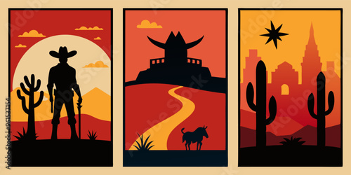 Three art posters featuring a cowboy, cactus, and a horse