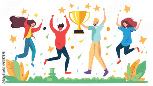 Excited employees jumping and celebrating near trophy cup, winning business competition award ceremony