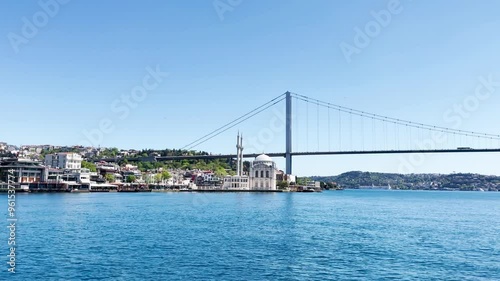 View from Bosphorus to Fatih Sultan Mehmet Bridge in Istanbul. 4K footage clip