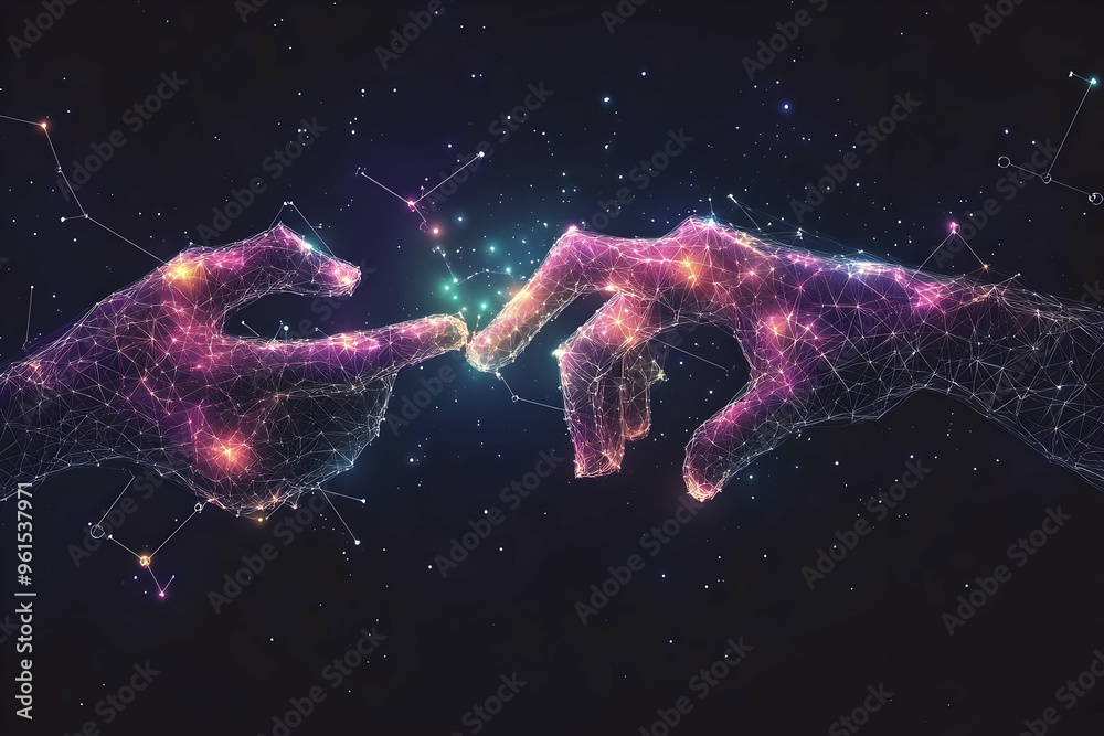 Cosmic Connection Abstract Illustration - Two Hands Reaching Out in Space Cosmic Connection Abstract Illustration - Two Hands Reaching Out in Space