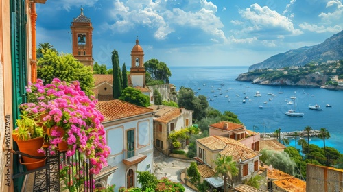 A breathtaking coastal view showcasing vibrant flowers, charming architecture, and serene waters under a beautiful sky. photo