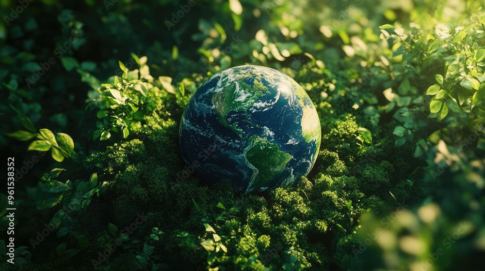 The Earth globe nestled in a lush green forest, representing a healthy environment and nature. The Earth globe nestled in a lush green forest, representing a healthy environment and nature.