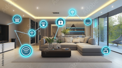 A modern living room equipped with smart home technology, featuring various digital icons representing smart functionalities