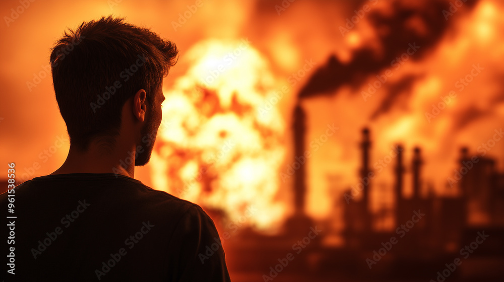 Fototapeta premium Individual in shock looking at a chemical plant explosion, with fireballs and toxic smoke clouds rising 