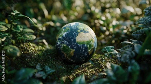 The Earth globe nestled in a lush green forest, representing a healthy environment and nature.