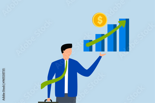Investment profit growth, businessman investor filled with strong belief holding a large upward trend in profit growth.