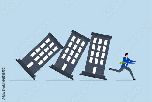 property debt crisis causing domino effect, Anxious business investor flees from falling housing market chain reaction.