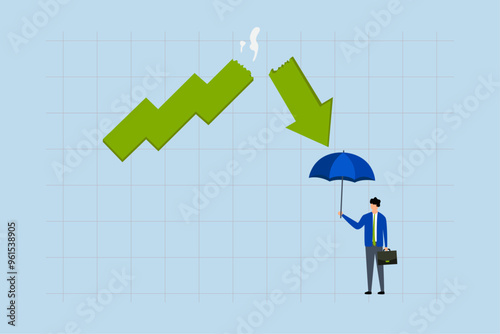 Protect from stock market crash, Investor businessman with a sturdy umbrella prepared for a decline in the arrow graph.