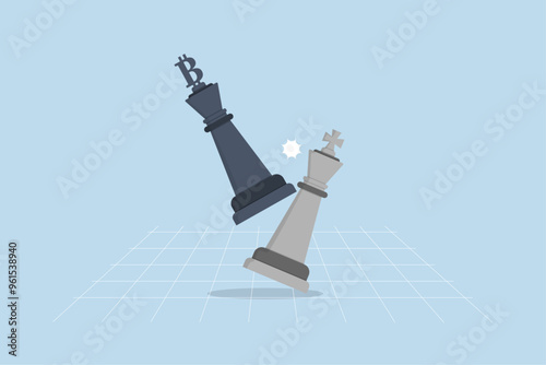 Winning Bitcoin trading strategy,  Black Bitcoin king triumphs over traditional white counterpart in chess match.