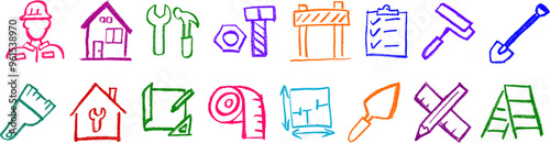 Construction Related Icons Crayon Chalk Drawing Set