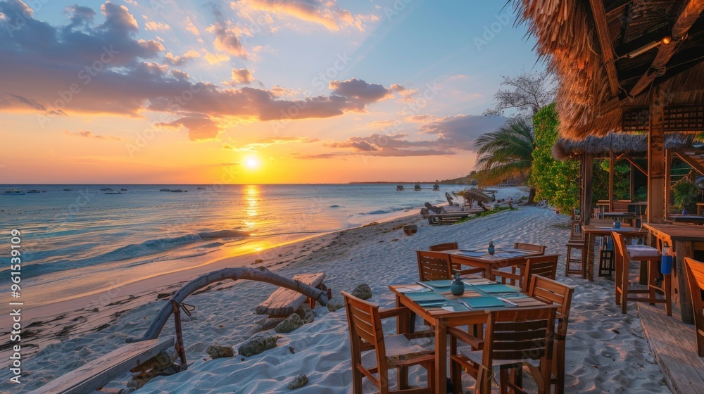 Fototapeta premium A picturesque scene at sunset showcasing a beachfront restaurant, warm colors reflecting on gentle waves and inviting seating.