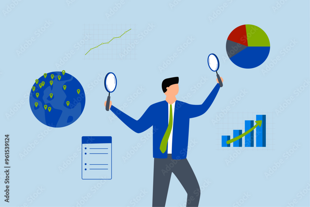 Business analysis, The intelligent businessman analyst is examining a graph and chart with a magnifying glass. Business analysis, The intelligent businessman analyst is examining a graph and chart with a magnifying glass.