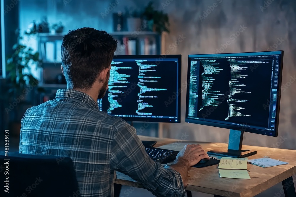 He's a busy smart clever geek guy solving issues with tech digital reports at an industrial-style concrete wall workstation in a modern industrial interior. He's a busy smart clever geek guy solving issues with tech digital reports at an industrial-style concrete wall workstation in a modern industrial interior.