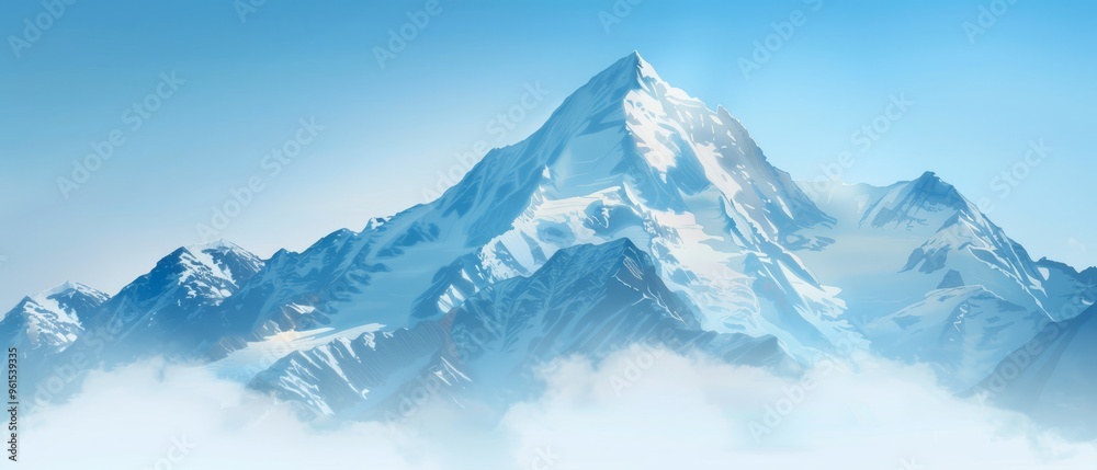 Obraz premium A towering mountain, completely cloaked in pristine snow, stands prominently against a backdrop of azure sky Few wispy clouds gracefully dot the foreground