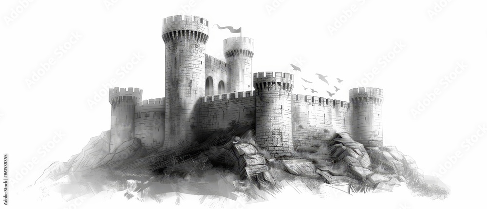 A monochrome image of a castleton with a bird in flight above its peak, and a swarm circling in the air around it A monochrome image of a castleton with a bird in flight above its peak, and a swarm circling in the air around it