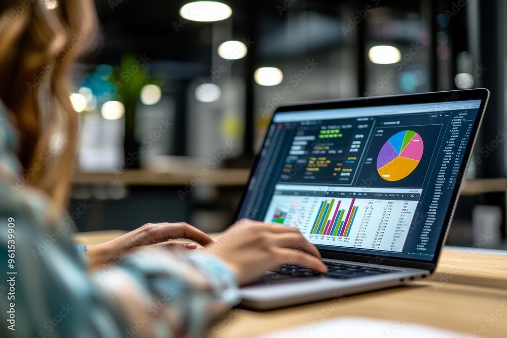 A close-up shot of a businesswoman analyzing statistics about financial projects on her laptop, an accountant employee analyzing data, graphs, and reports, sitting at her computer. A close-up shot of a businesswoman analyzing statistics about financial projects on her laptop, an accountant employee analyzing data, graphs, and reports, sitting at her computer.