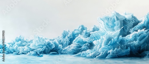  A collection of icebergs drifts atop a water expanse against a backdrop of unbroken white sky photo