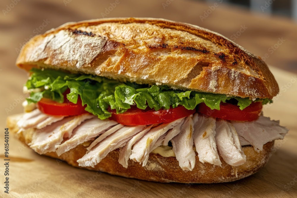 A freshly made turkey sandwich with lettuce, tomato, and mayonnaise, served on a crusty baguette A freshly made turkey sandwich with lettuce, tomato, and mayonnaise, served on a crusty baguette
