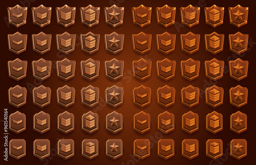 Realistic wood set of game rank badge. Vector illustration of golden hexagonal woody shields decorated with stars and spikes. Symbol of achievement, award for victory, trophy emblem.