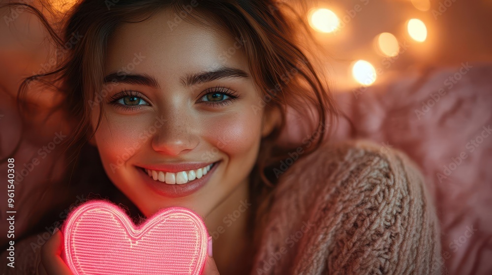 heartfelt radiance a beaming young woman holding a neon pink heart against a soft rose background her casual attire and genuine smile conveying approachability and warmth heartfelt radiance a beaming young woman holding a neon pink heart against a soft rose background her casual attire and genuine smile conveying approachability and warmth