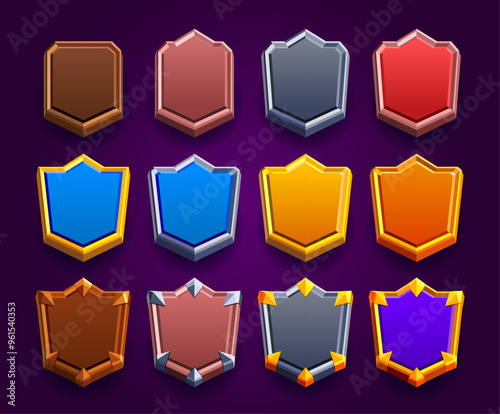 Colorful realistic rank badge frame set. Realistic illustration of shield emblem decorated with stars. Different shapes. Blue, purple, brown golden, silvered, bronze, woody, wood. Achievement, award f
