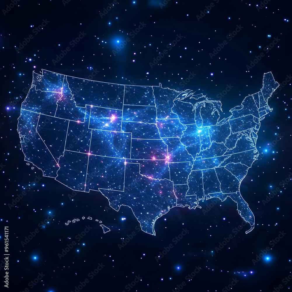 Digital Illustration of USA Map with Glowing Lines and Dots on Blue Galaxy Background Digital Illustration of USA Map with Glowing Lines and Dots on Blue Galaxy Background