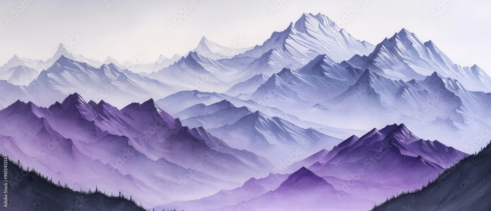 Fototapeta premium Purple and white mountains in the foreground, white sky in background
