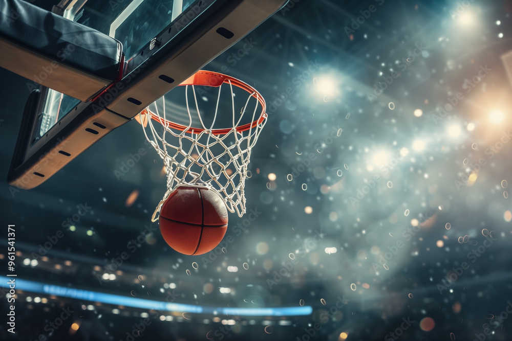 A ball swishes through the net at a basketball game in a professional arena
A ball swishes through the net at a basketball game in a professional arena