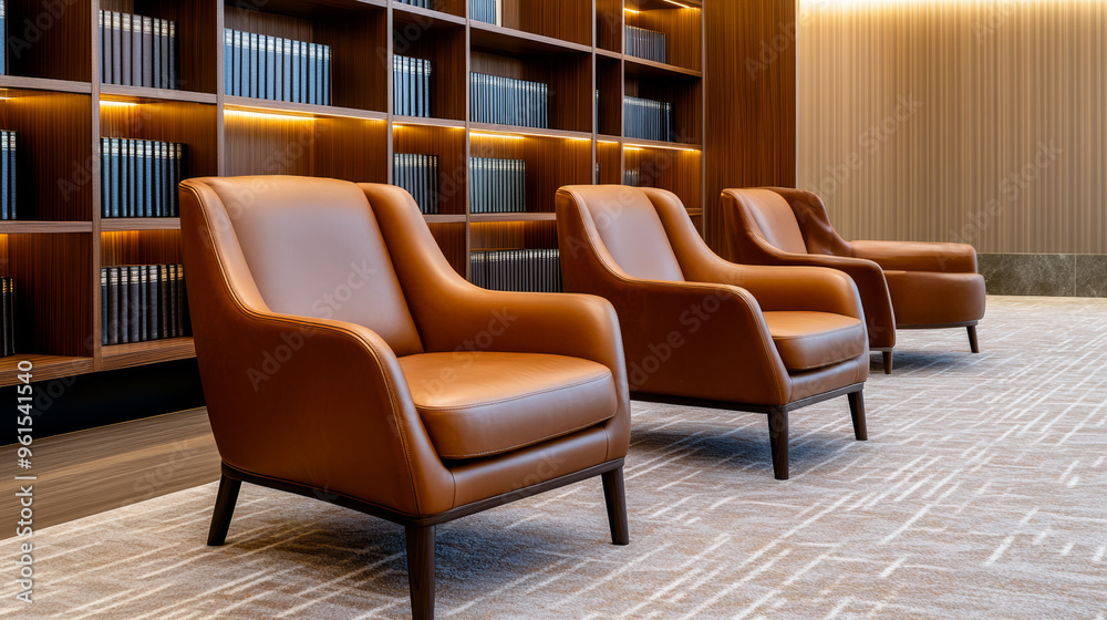 Luxury airport lounge with a library section, soft leather armchairs, and plush carpets, offering a tranquil escape from busy terminals 