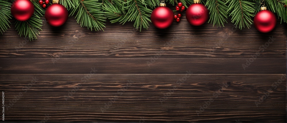 Festive Christmas Garland with Red Ornaments on Wooden Background Festive Christmas Garland with Red Ornaments on Wooden Background