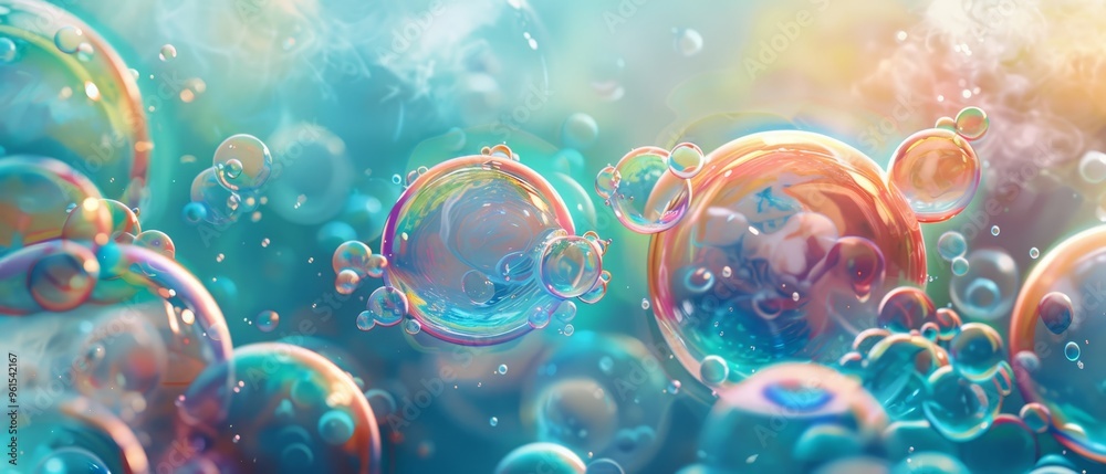 A collection of soap bubbles hovering above a blue-green backdrop, overlapping as they ascend A collection of soap bubbles hovering above a blue-green backdrop, overlapping as they ascend