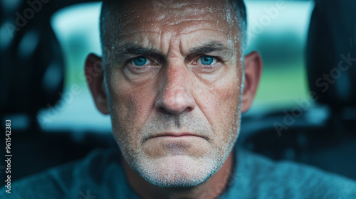 Middle-aged man with a receding hairline and weary eyes sitting in traffic staring through a rainy windshield  photo