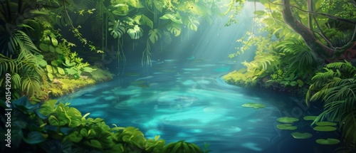  A painting of a river flowing through a dense forest, teeming with numerous green plants and water lilies