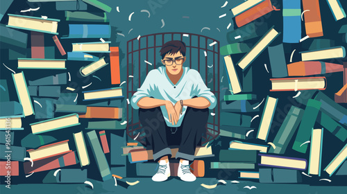 Unhappy Male Student Sitting in Cage Made of Books, Overwhelmed by Workload and Knowledge Required for Graduation