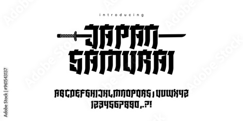 Japan Samurai is Perfect Asian Japanese modern style vector type font. Typography of Japanese or Chinese modern type fonts A, B, C, D, E, F, G, H, I, J, K, L, M, N, O, P, Q, R, S, T, U, V, W, X, Y, Z 