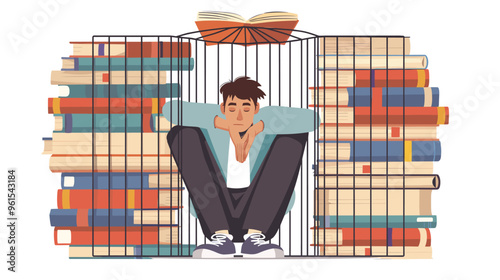 Unhappy Male Student Sitting in Cage Made of Books, Overwhelmed by Workload and Knowledge Required for Graduation