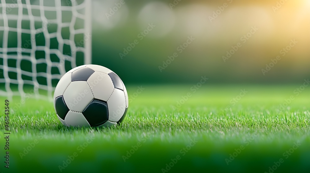 Fototapeta premium Soccer ball in goal. Goal net. Soccer border on green football grass field.