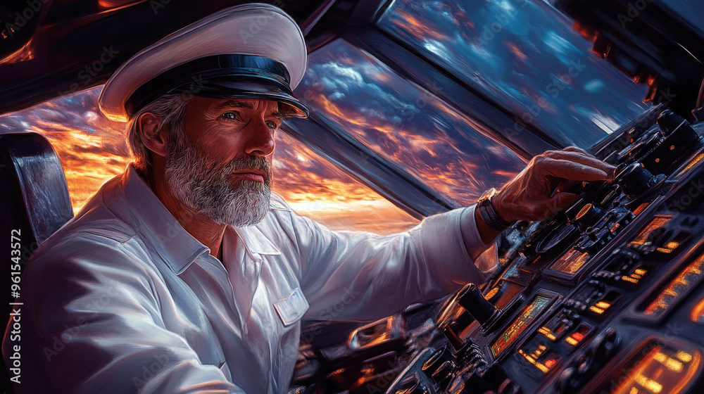 The captain confidently adjusts controls, focusing on the horizon as the sun sets The captain confidently adjusts controls, focusing on the horizon as the sun sets