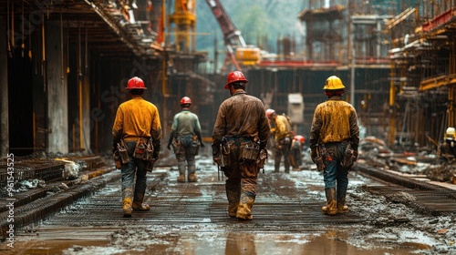 Construction Workers Walking Through a Wet Construction Site