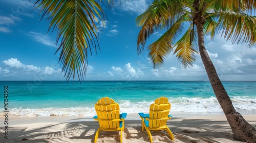 Fototapeta Naklejka Na Ścianę i Meble -  Two Vibrant Yellow Chairs Await Sunbathers on a Tranquil Caribbean Beach Under the Warm Sunlight and Gentle Ocean Breeze.