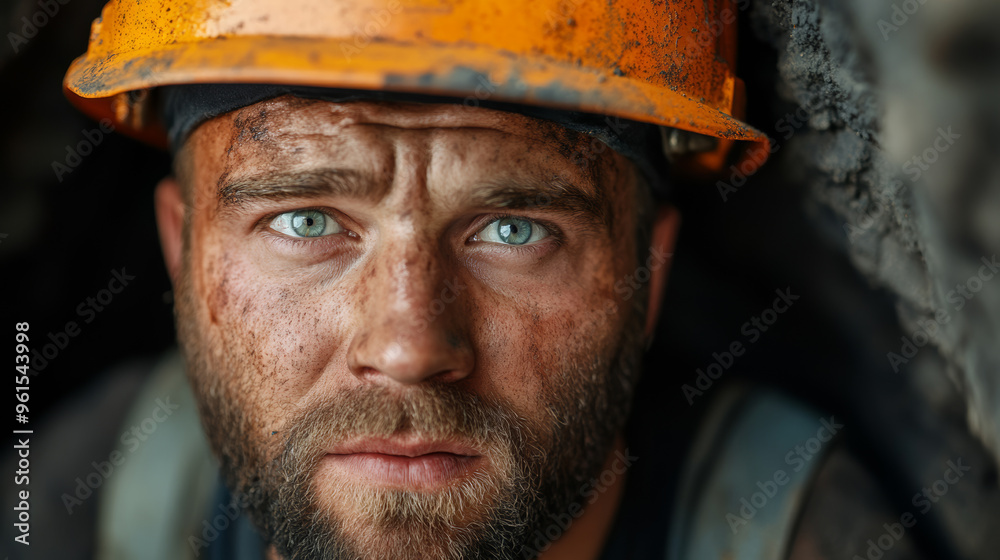 Overworked miner covered in dust and sweat emerging from a dark tunnel, capturing exhaustion and determination Overworked miner covered in dust and sweat emerging from a dark tunnel, capturing exhaustion and determination