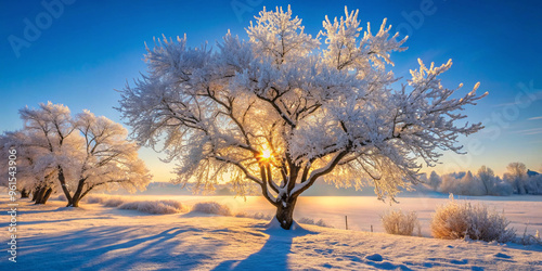 Frost covering the branches of a tree in the early morning, cold weather, winter beauty photo