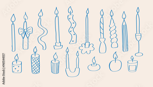 Set of drawing fashionable candle and candlestick in doodle outline style. Burning tea light candles isolated on white background