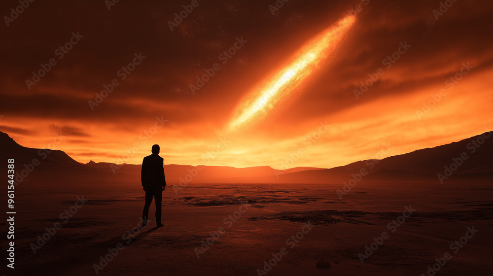 Person standing in a barren landscape, looking at a large asteroid burning through the atmosphere Person standing in a barren landscape, looking at a large asteroid burning through the atmosphere