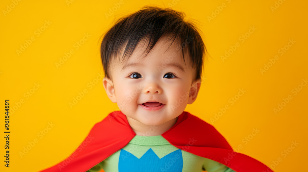 Playful Chinese baby boy in a superhero cape pretending to fly against a bold comic-style backdrop, vibrant colors Playful Chinese baby boy in a superhero cape pretending to fly against a bold comic-style backdrop, vibrant colors