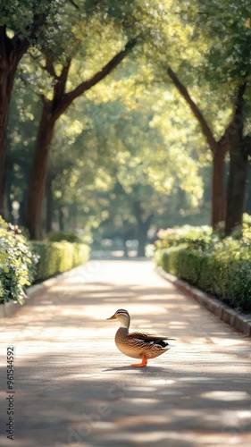 Engaging duck exploring a bustling city park, with urban elements like pathways and trees creating a lively backdrop for its curious behavior. photo