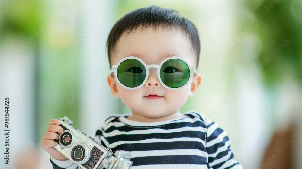 Playful Chinese baby model in oversized sunglasses and striped shirt posing with a toy camera, vintage fashion shoot Playful Chinese baby model in oversized sunglasses and striped shirt posing with a toy camera, vintage fashion shoot